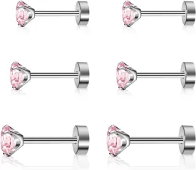 3 Pairs Titanium Cubuic Zirconia Stud Earrings for Women Men CZ Hypoallergenic Flat Back Earrings Silver Girls Earring Studs Set for Cartilage 3mm-5mm