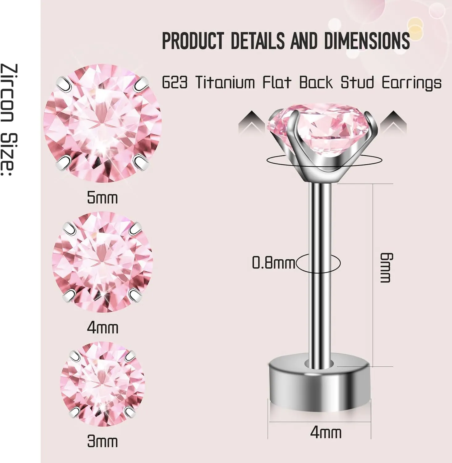 3 Pairs Titanium Cubuic Zirconia Stud Earrings for Women Men CZ Hypoallergenic Flat Back Earrings Silver Girls Earring Studs Set for Cartilage 3mm-5mm