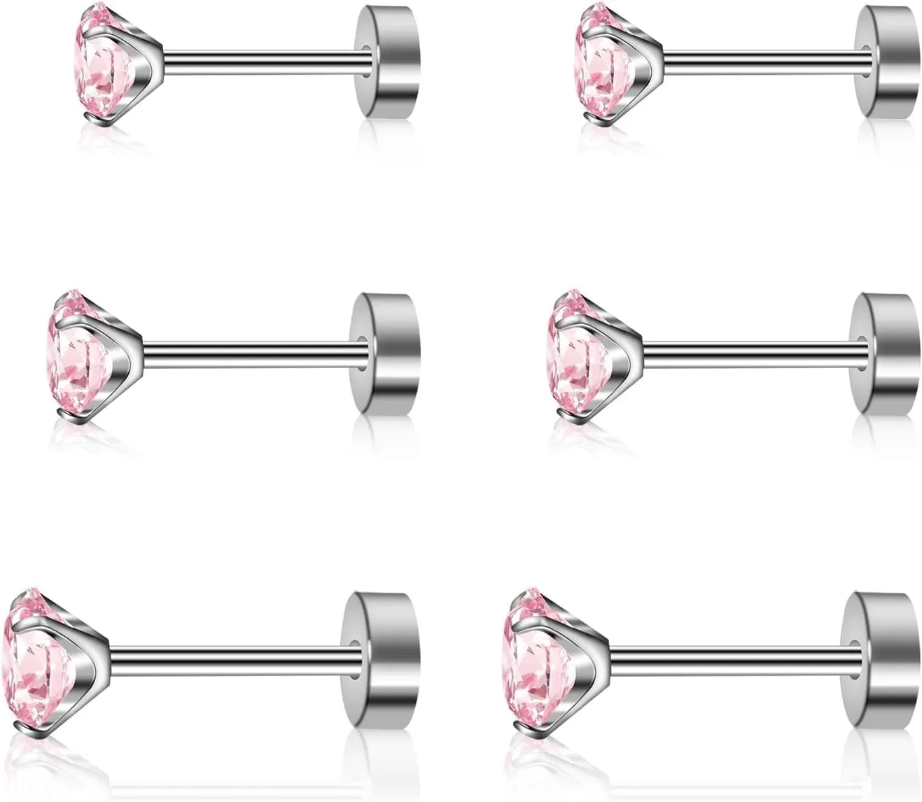 3 Pairs Titanium Cubuic Zirconia Stud Earrings for Women Men CZ Hypoallergenic Flat Back Earrings Silver Girls Earring Studs Set for Cartilage 3mm-5mm