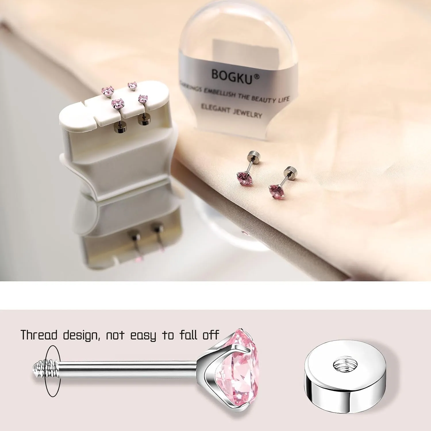 3 Pairs Titanium Cubuic Zirconia Stud Earrings for Women Men CZ Hypoallergenic Flat Back Earrings Silver Girls Earring Studs Set for Cartilage 3mm-5mm