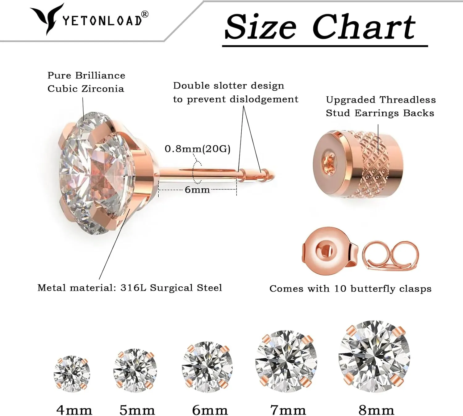5-6 pairs Push-in Flat Back Stud Earrings Hypoallergenic Surgical Stainless Steel Cubic Zirconia Earrings Studs Set Multi-Pack, CZ Stud Earrings for Women Men Trendy Cartilage Stud Earrings 2-8mm