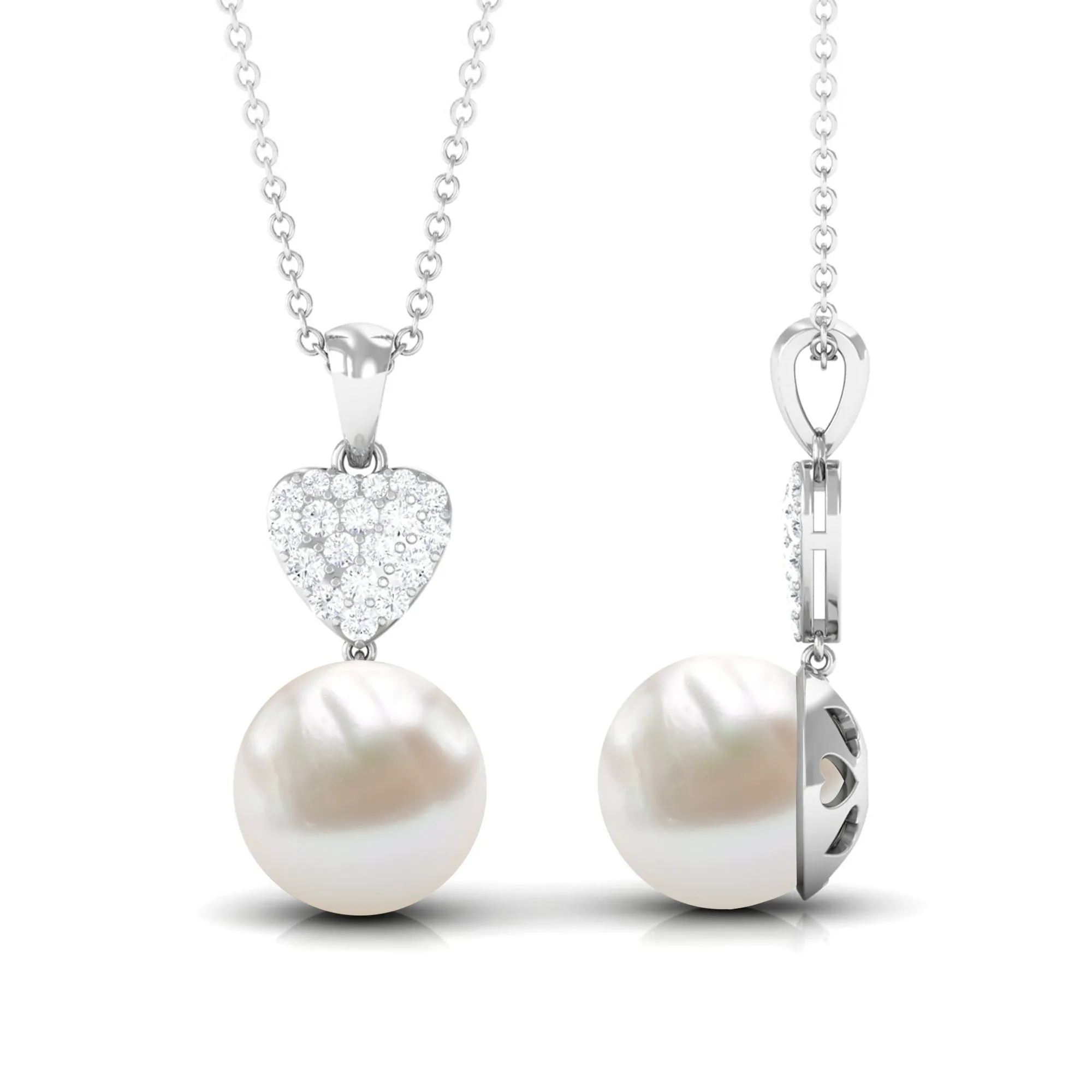 8.5 CT Bead Set Freshwater Pearl and Diamond Heart Dangle Pendant Necklace