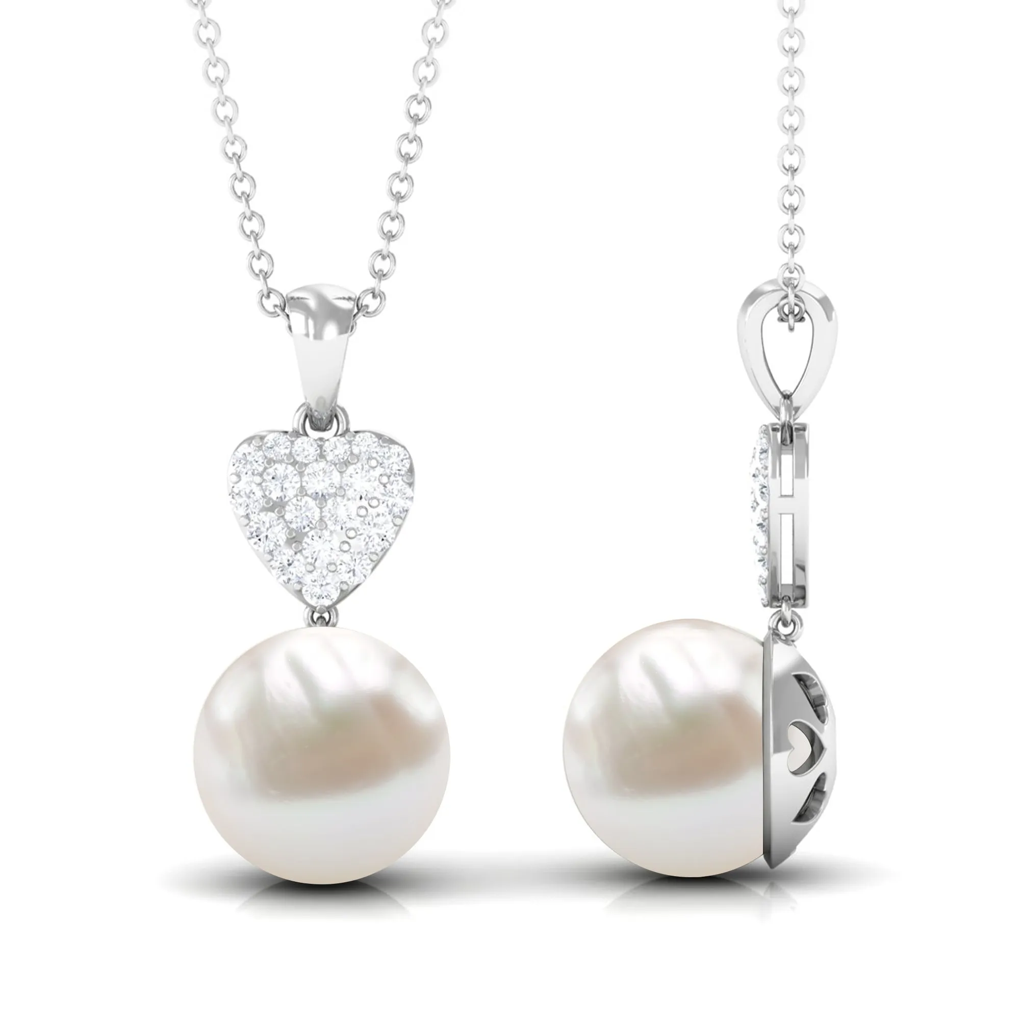8.5 CT Bead Set Freshwater Pearl and Diamond Heart Dangle Pendant Necklace
