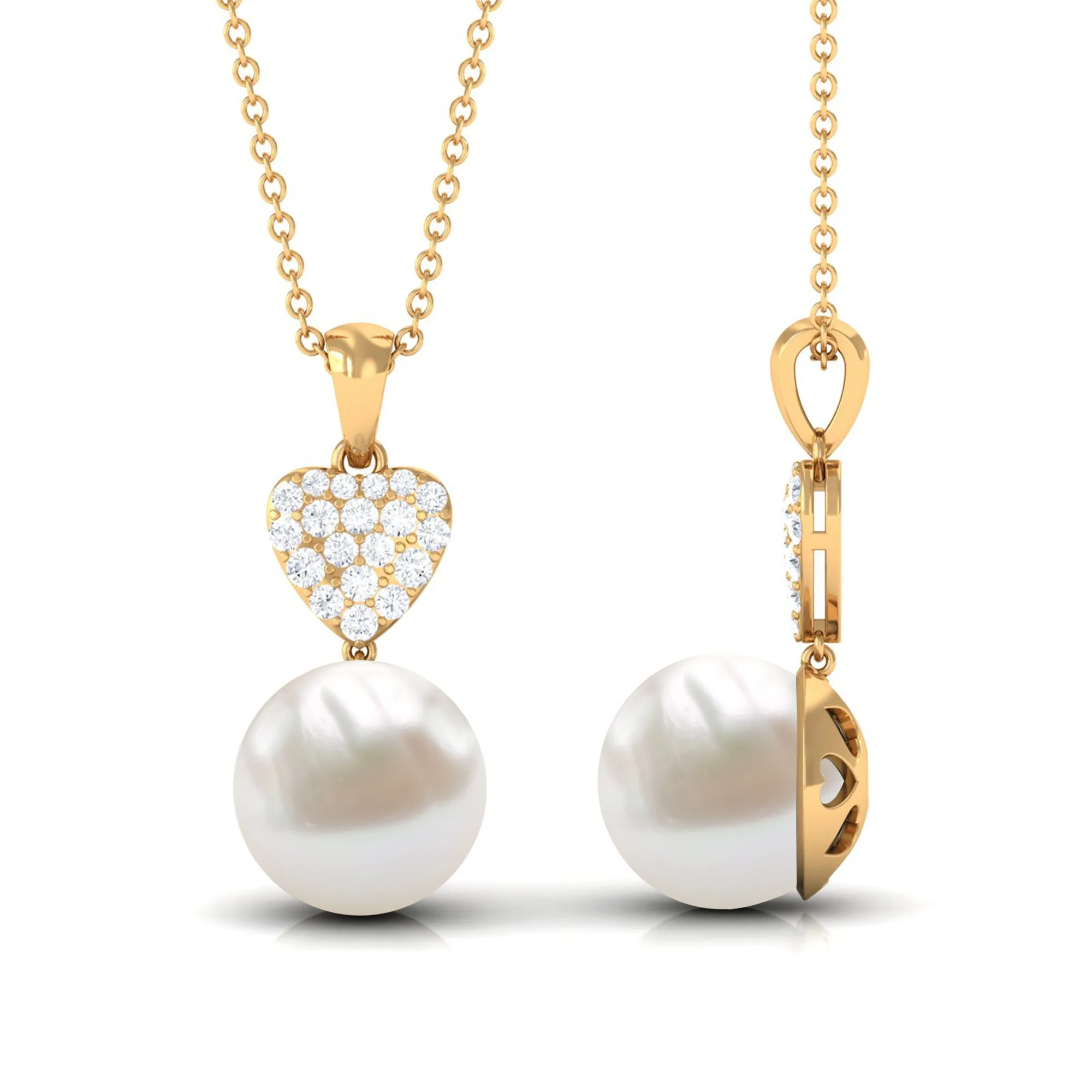 8.5 CT Bead Set Freshwater Pearl and Diamond Heart Dangle Pendant Necklace