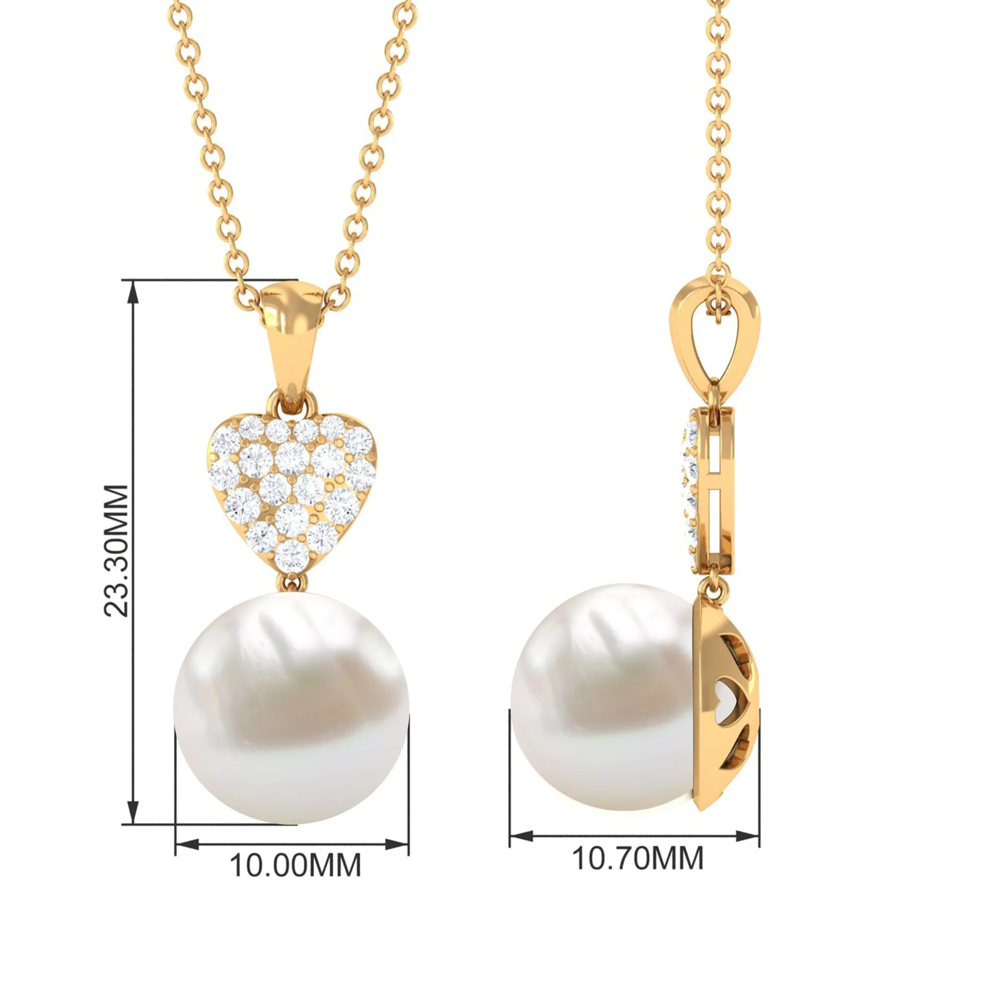 8.5 CT Bead Set Freshwater Pearl and Diamond Heart Dangle Pendant Necklace
