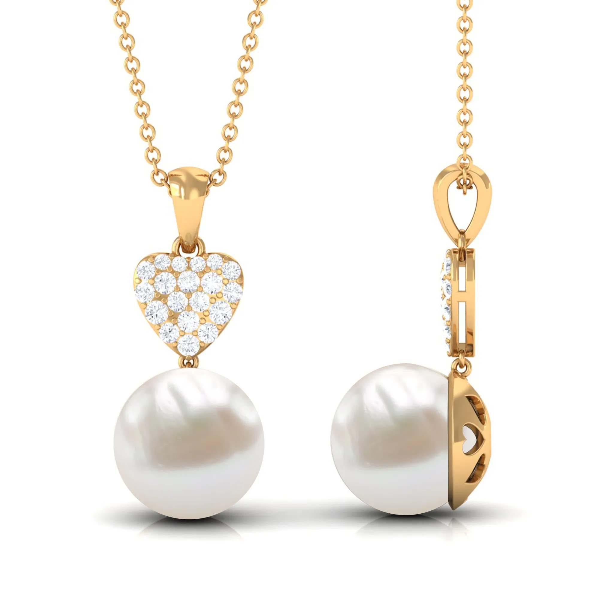 8.5 CT Bead Set Freshwater Pearl and Diamond Heart Dangle Pendant Necklace