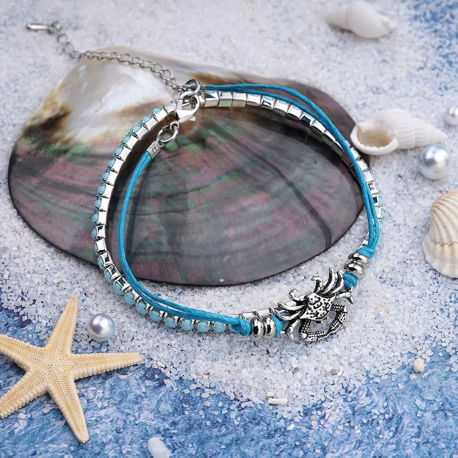 Beach Bracelets for Women Boho Starfish Turtle Conch Shell Anklets Turquoise Beaded Stretch Bracelets Adjustable Ankle Bracelets Chain Foot Jewelry for Women