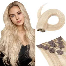 Benehair Human Hair Clip in Extensions Balayage Ash Blonde Mix Bleach Highlight for Women 10inch Long Straight Remy Natural Full Head 8pcs No Tape Glue #18P613, Clips- #18P613 Blonde