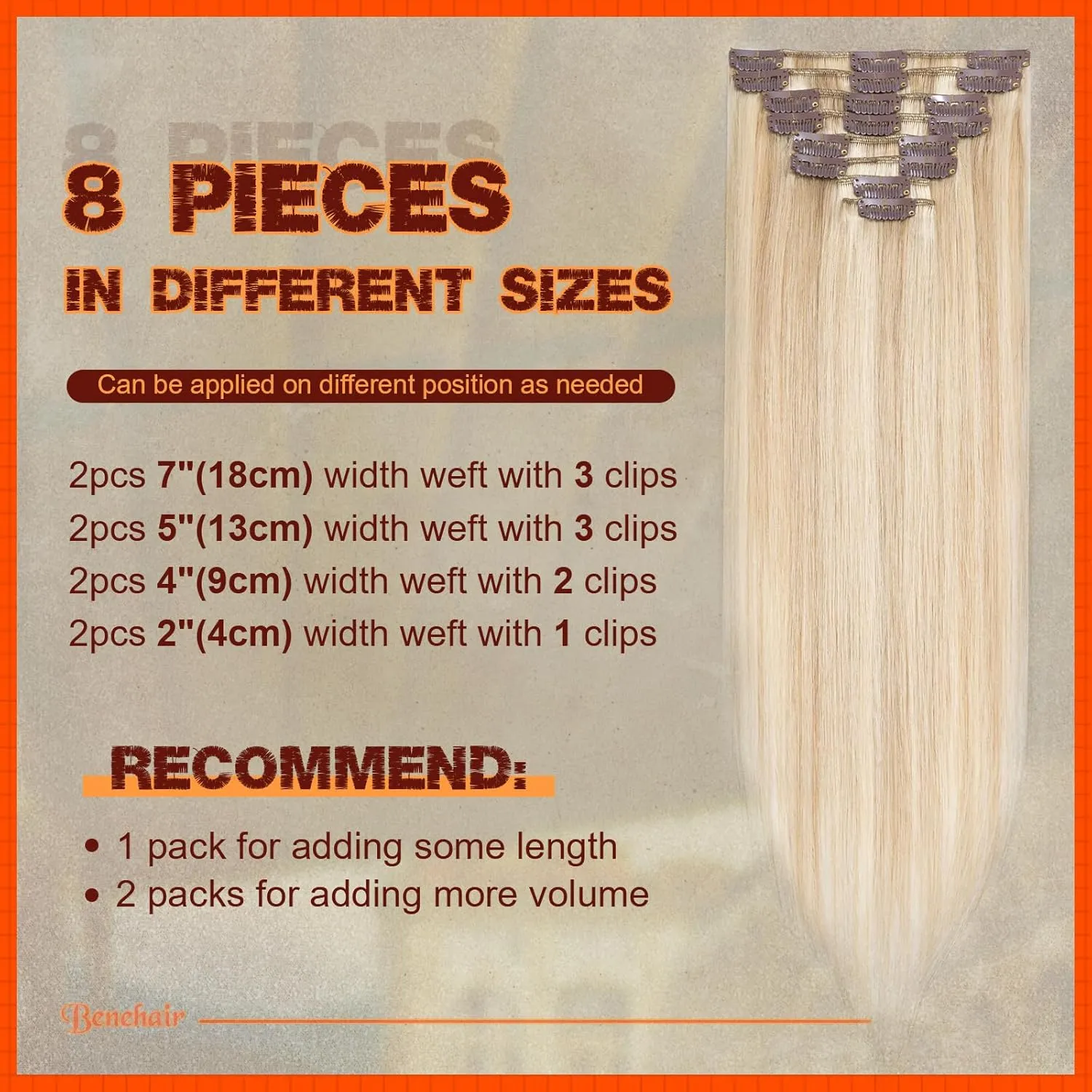 Benehair Human Hair Clip in Extensions Balayage Ash Blonde Mix Bleach Highlight for Women 10inch Long Straight Remy Natural Full Head 8pcs No Tape Glue #18P613, Clips- #18P613 Blonde