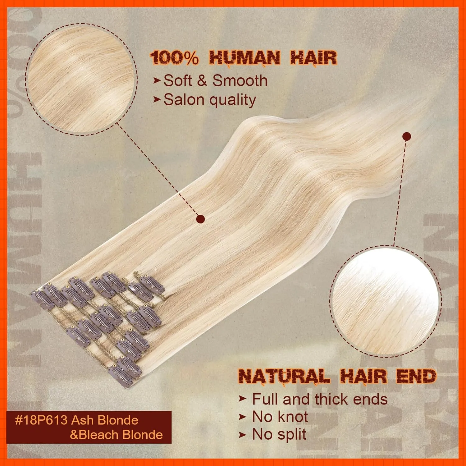 Benehair Human Hair Clip in Extensions Balayage Ash Blonde Mix Bleach Highlight for Women 10inch Long Straight Remy Natural Full Head 8pcs No Tape Glue #18P613, Clips- #18P613 Blonde