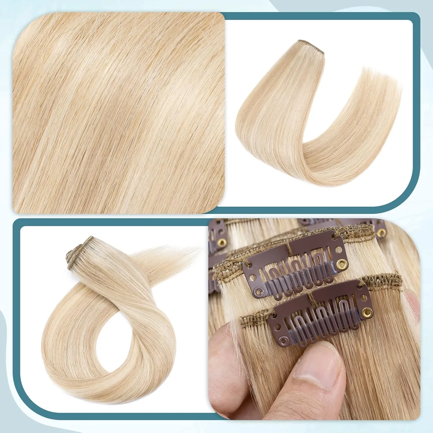 Benehair Human Hair Clip in Extensions Balayage Ash Blonde Mix Bleach Highlight for Women 10inch Long Straight Remy Natural Full Head 8pcs No Tape Glue #18P613, Clips- #18P613 Blonde