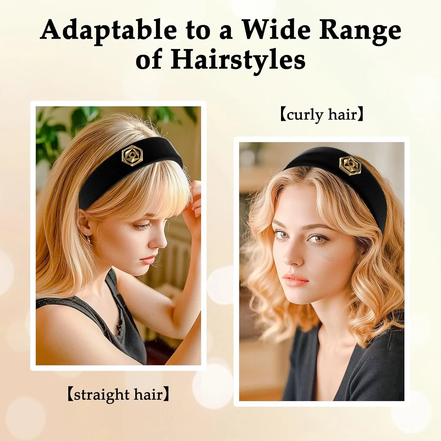 Black Elegant Headbands for Women Non Slip Trendy Velvet Fabric Wide Hairbands for Women's Thin and Thick Hair Designer Head Bands Elastic Hair Bands for Mother's Day Gift.