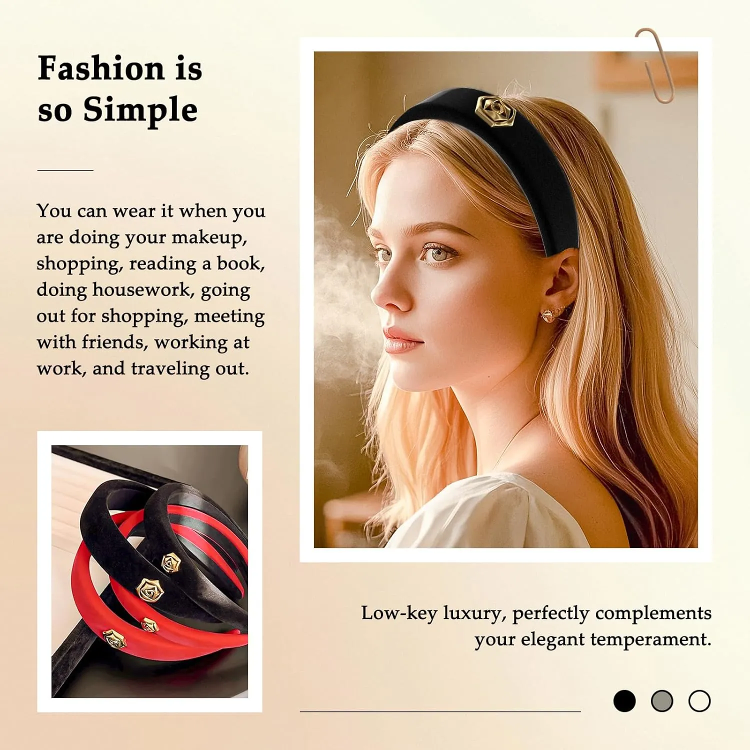 Black Elegant Headbands for Women Non Slip Trendy Velvet Fabric Wide Hairbands for Women's Thin and Thick Hair Designer Head Bands Elastic Hair Bands for Mother's Day Gift.