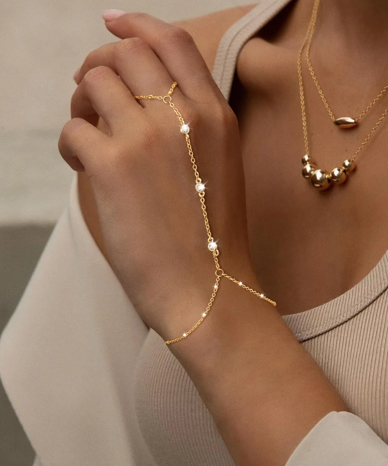 Hand Chain Bracelet for Women Dainty 14K Gold/Silver Plated Ring Chain Diamond Cubic Zirconia CZ Beaded Station Bracelet Trendy Simple Fashion Body Jewelry Waterproof Gifts for Her