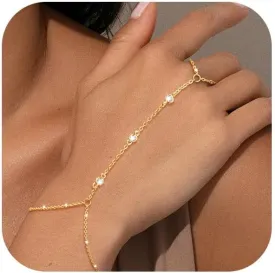 Hand Chain Bracelet for Women Dainty 14K Gold/Silver Plated Ring Chain Diamond Cubic Zirconia CZ Beaded Station Bracelet Trendy Simple Fashion Body Jewelry Waterproof Gifts for Her