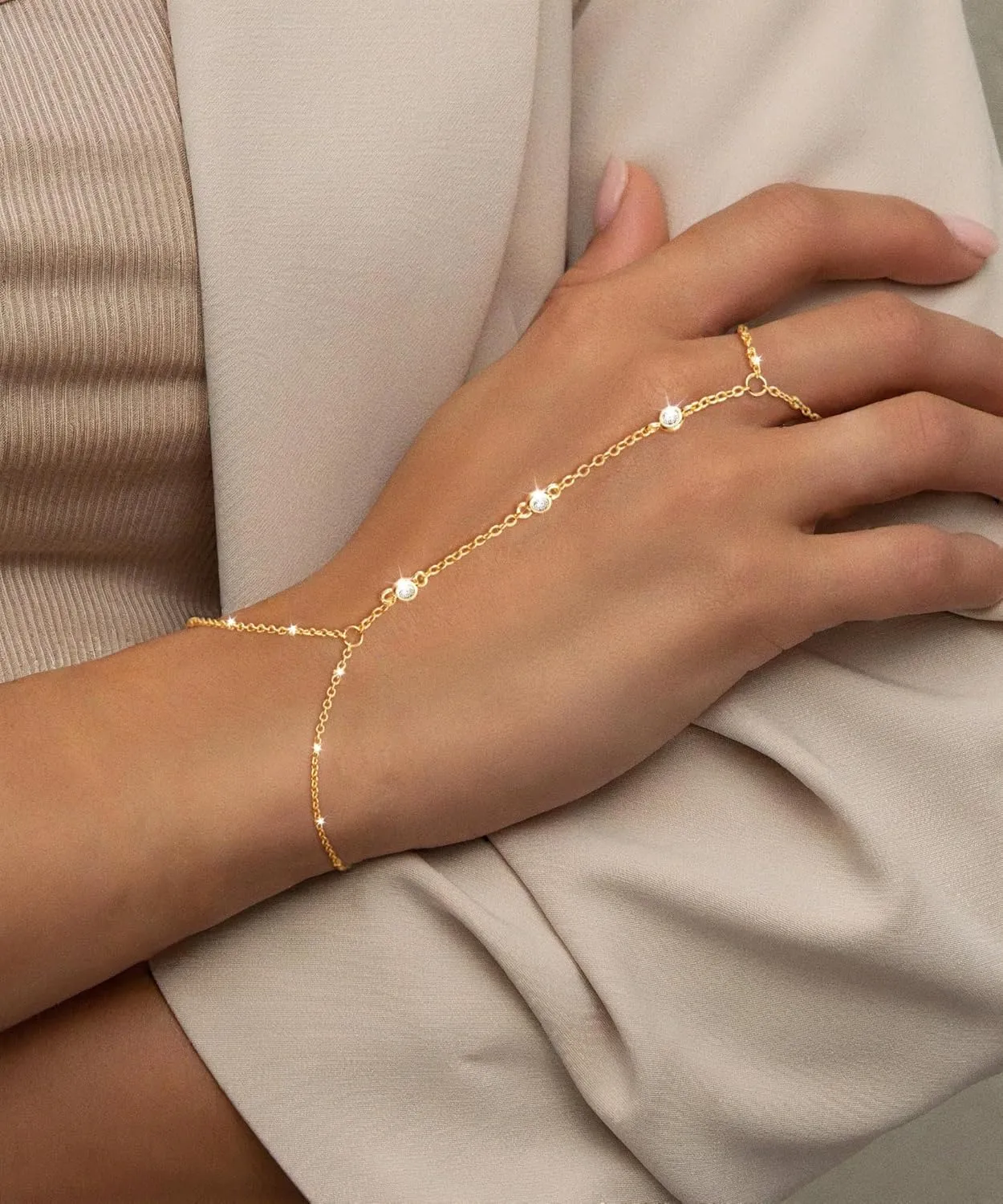 Hand Chain Bracelet for Women Dainty 14K Gold/Silver Plated Ring Chain Diamond Cubic Zirconia CZ Beaded Station Bracelet Trendy Simple Fashion Body Jewelry Waterproof Gifts for Her