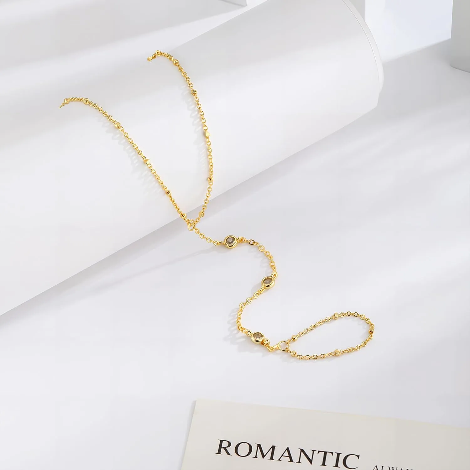 Hand Chain Bracelet for Women Dainty 14K Gold/Silver Plated Ring Chain Diamond Cubic Zirconia CZ Beaded Station Bracelet Trendy Simple Fashion Body Jewelry Waterproof Gifts for Her