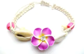 Hand Made Polymer Clay Plumeria Flower w/CZ Cubic Zirconia & Cowry Cowrie Shell on Hemp Adjustable Bracelet/Anklet
