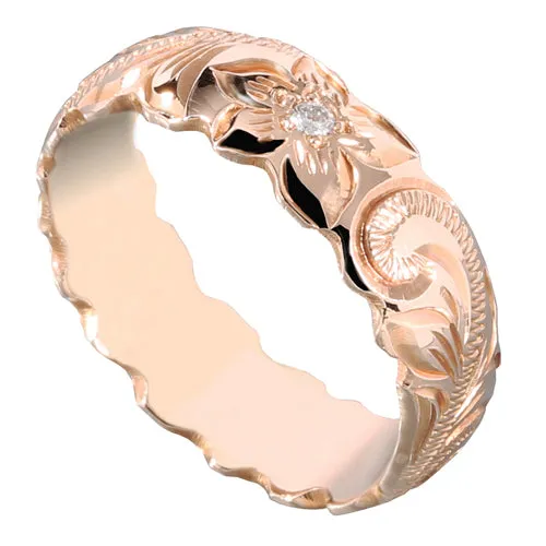 Hawaiian Scroll Engraving with Diamond Inlay Cut Out Edge Ring Heavy Weight 6mm