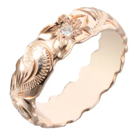 Hawaiian Scroll Engraving with Diamond Inlay Cut Out Edge Ring Heavy Weight 6mm