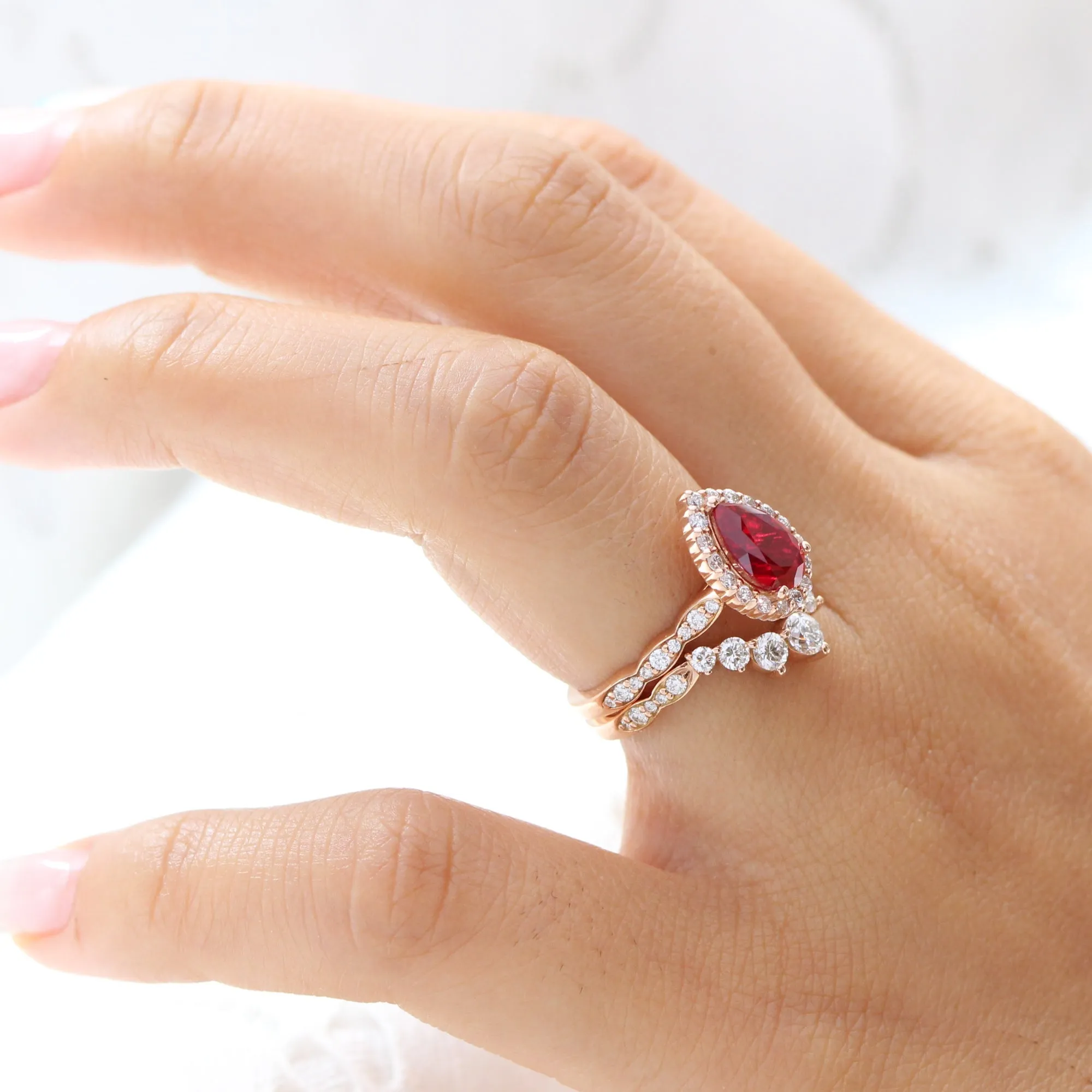 Luna Halo Pear Ring Bridal Set w/ Ruby and Large 7 Diamond U Scalloped Band
