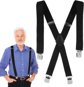 Mens Suspender with Strong Clips, 3.8cm Wide Heavy Duty Suspender Adjustable X-Back Suspenders Solid Color Straight Clip Elastic Work Suspenders for Jeans (Black)