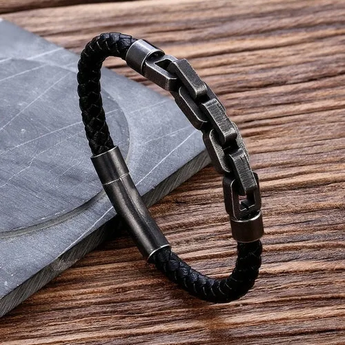 Punk Brushed Bike Chain Leather Bracelet Oxidized Dark Bicycle Chain