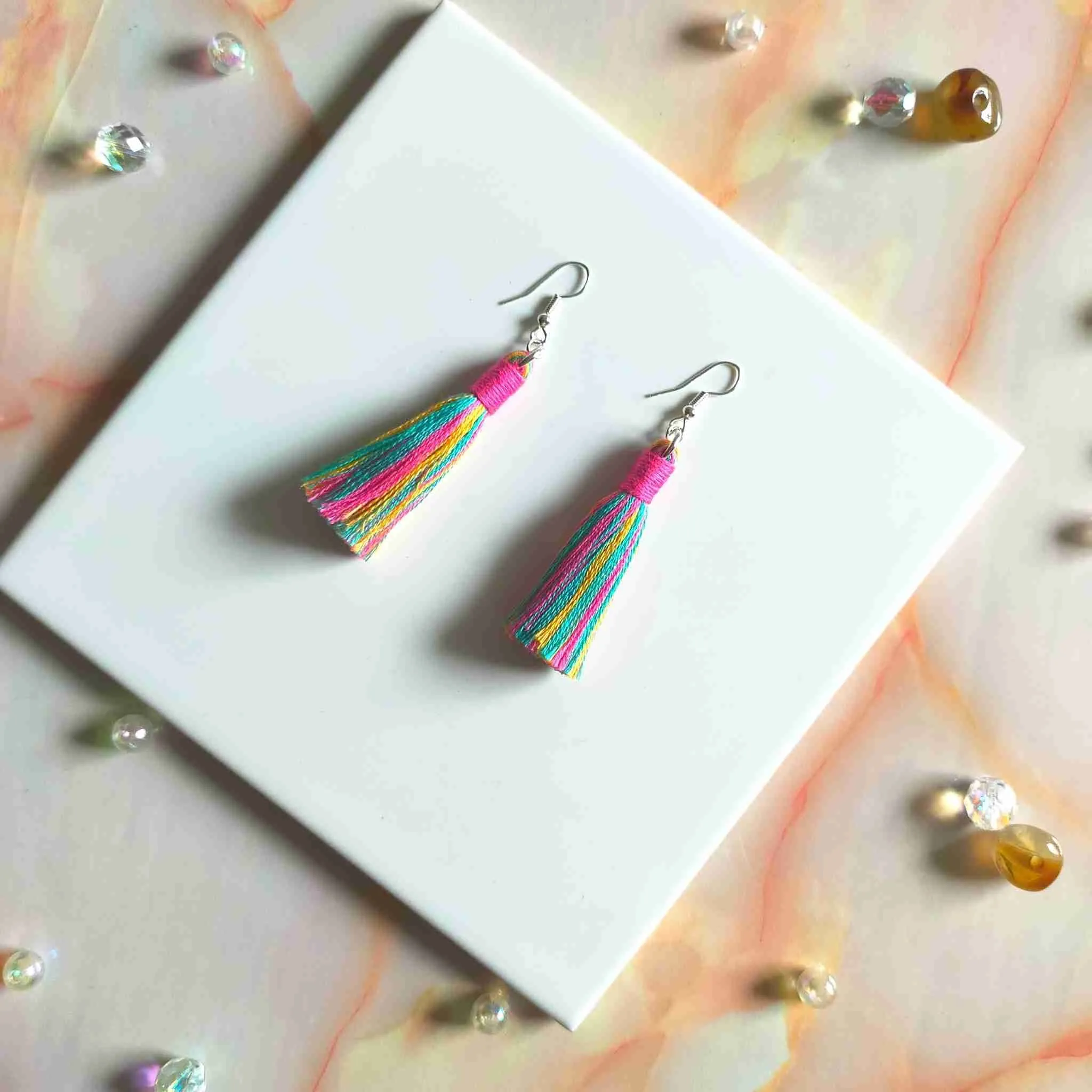 "Fallon Mini" Aqua, Yellow & Pink Mix Tassel Earrings