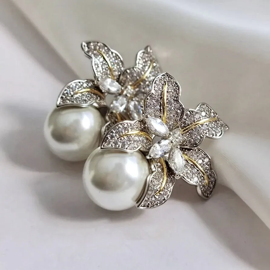 "Orchid" - Two-Tone Pearl and Cubic Zirconia Bridal Earrings