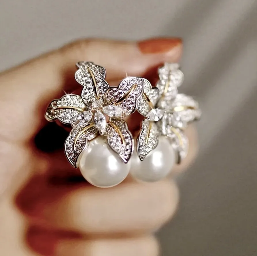 "Orchid" - Two-Tone Pearl and Cubic Zirconia Bridal Earrings
