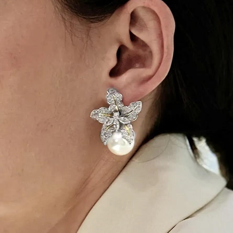 "Orchid" - Two-Tone Pearl and Cubic Zirconia Bridal Earrings