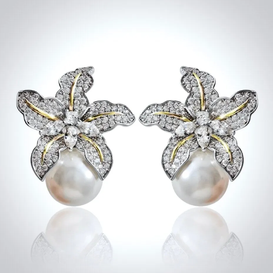 "Orchid" - Two-Tone Pearl and Cubic Zirconia Bridal Earrings