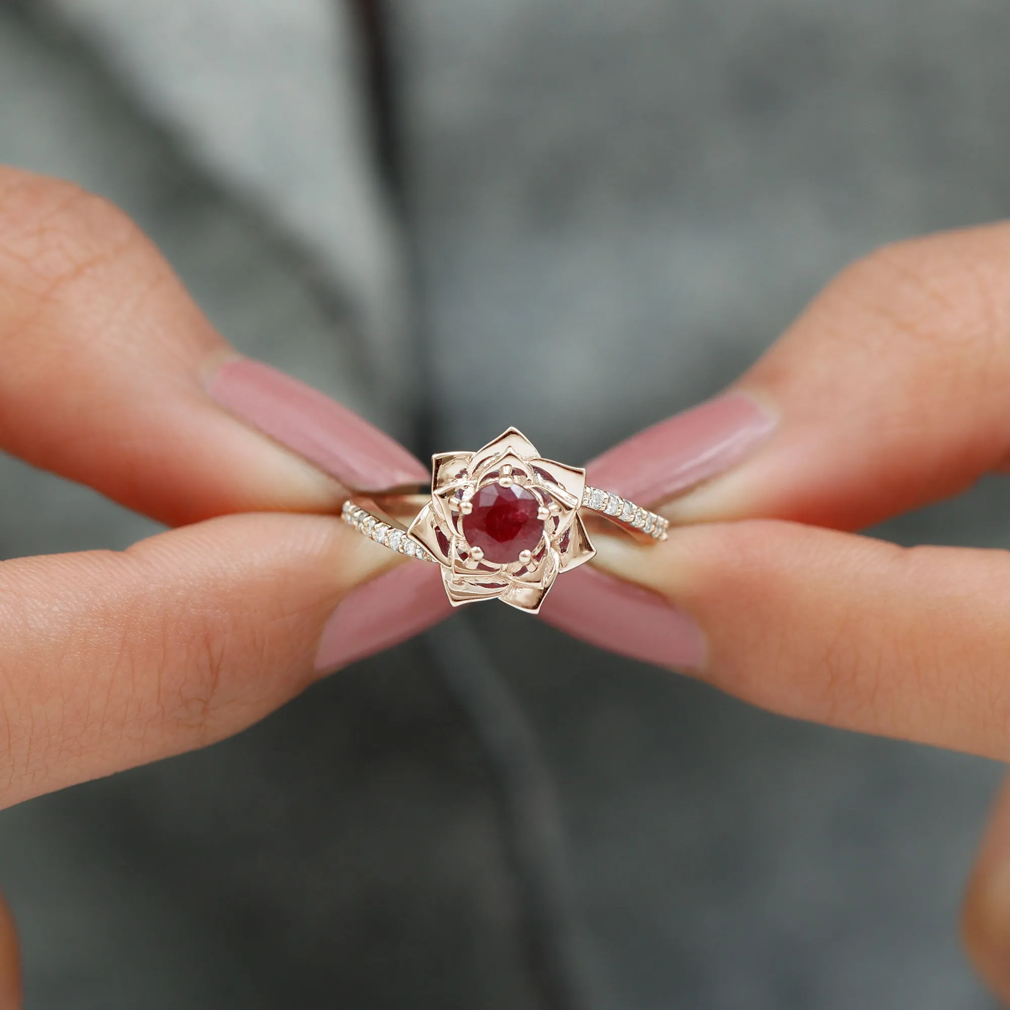 Round Ruby and Diamond Floral Engagement Ring with Bypass Shank