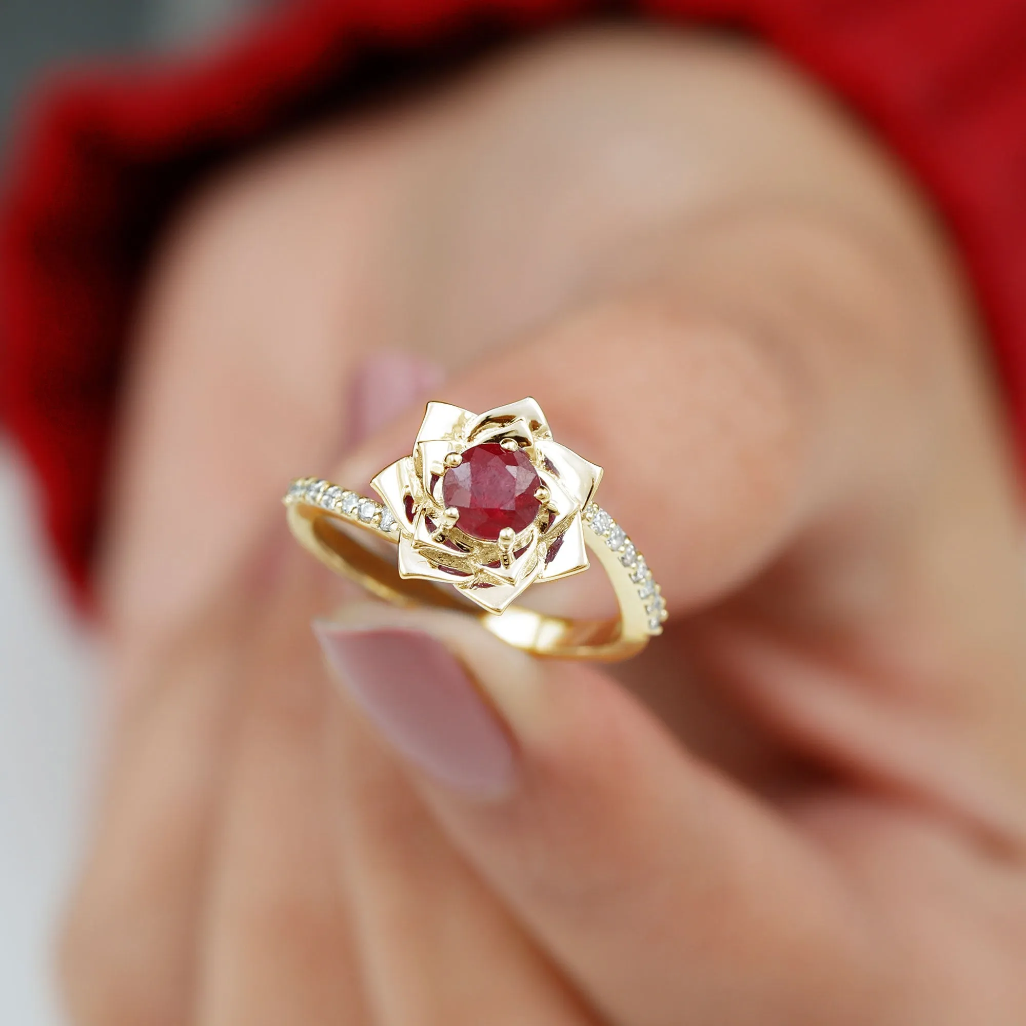 Round Ruby and Diamond Floral Engagement Ring with Bypass Shank