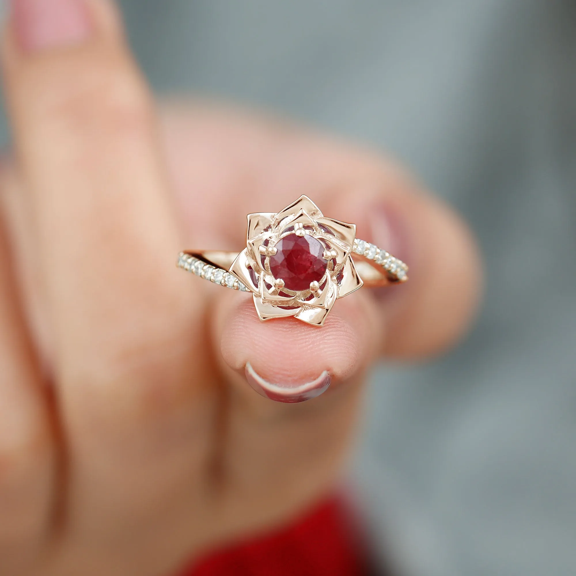 Round Ruby and Diamond Floral Engagement Ring with Bypass Shank