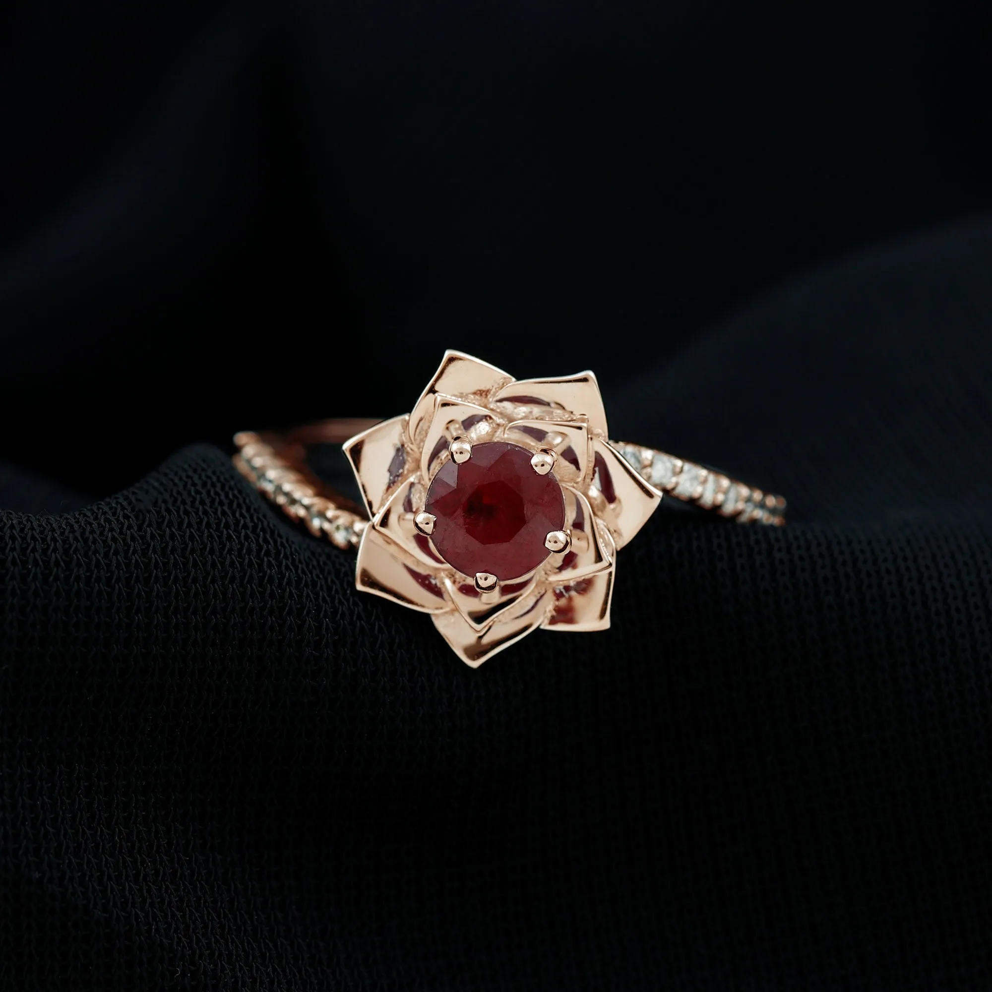 Round Ruby and Diamond Floral Engagement Ring with Bypass Shank