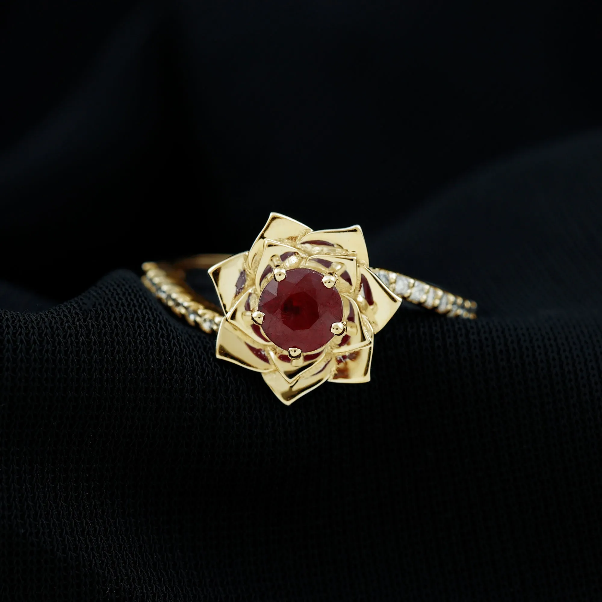 Round Ruby and Diamond Floral Engagement Ring with Bypass Shank