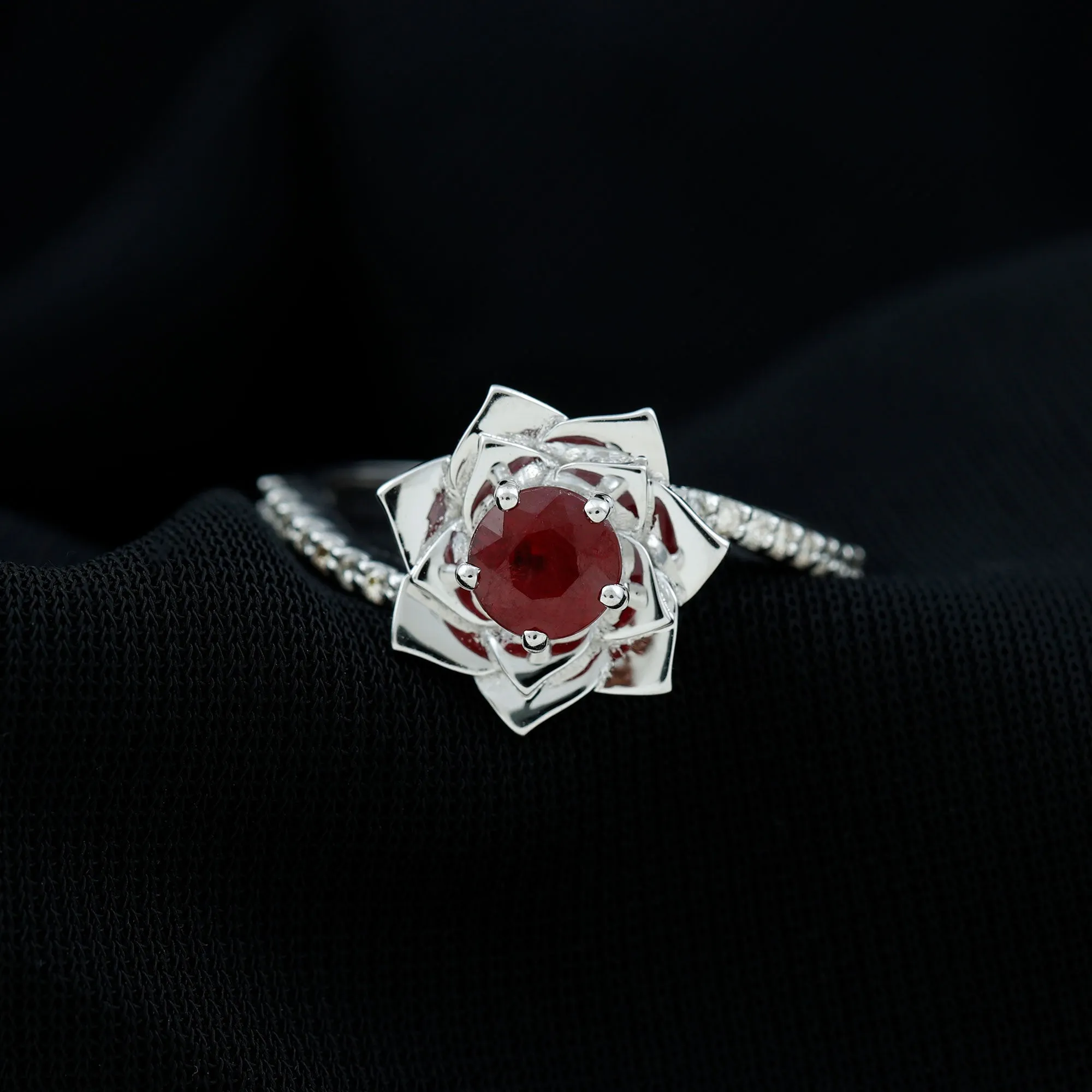 Round Ruby and Diamond Floral Engagement Ring with Bypass Shank