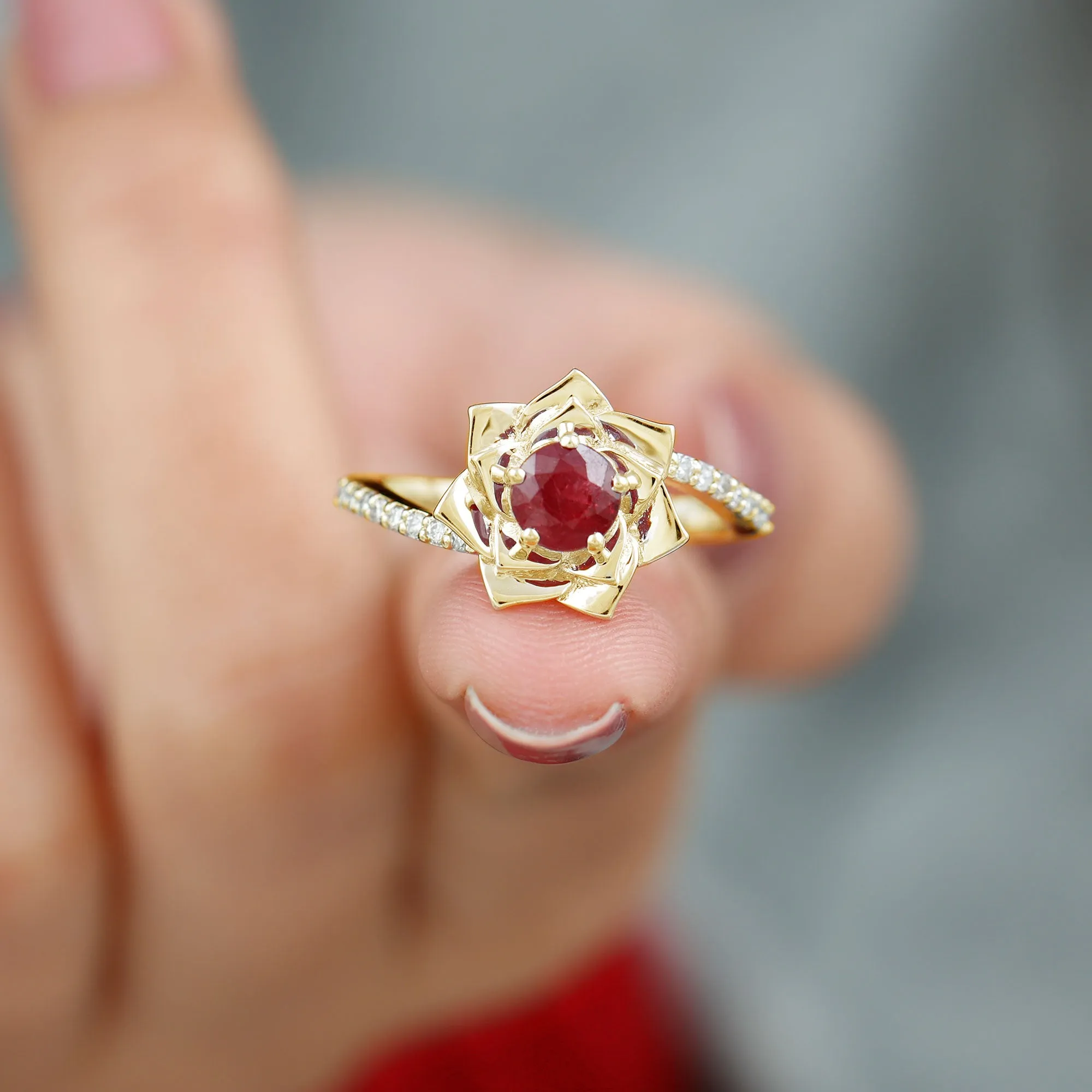 Round Ruby and Diamond Floral Engagement Ring with Bypass Shank