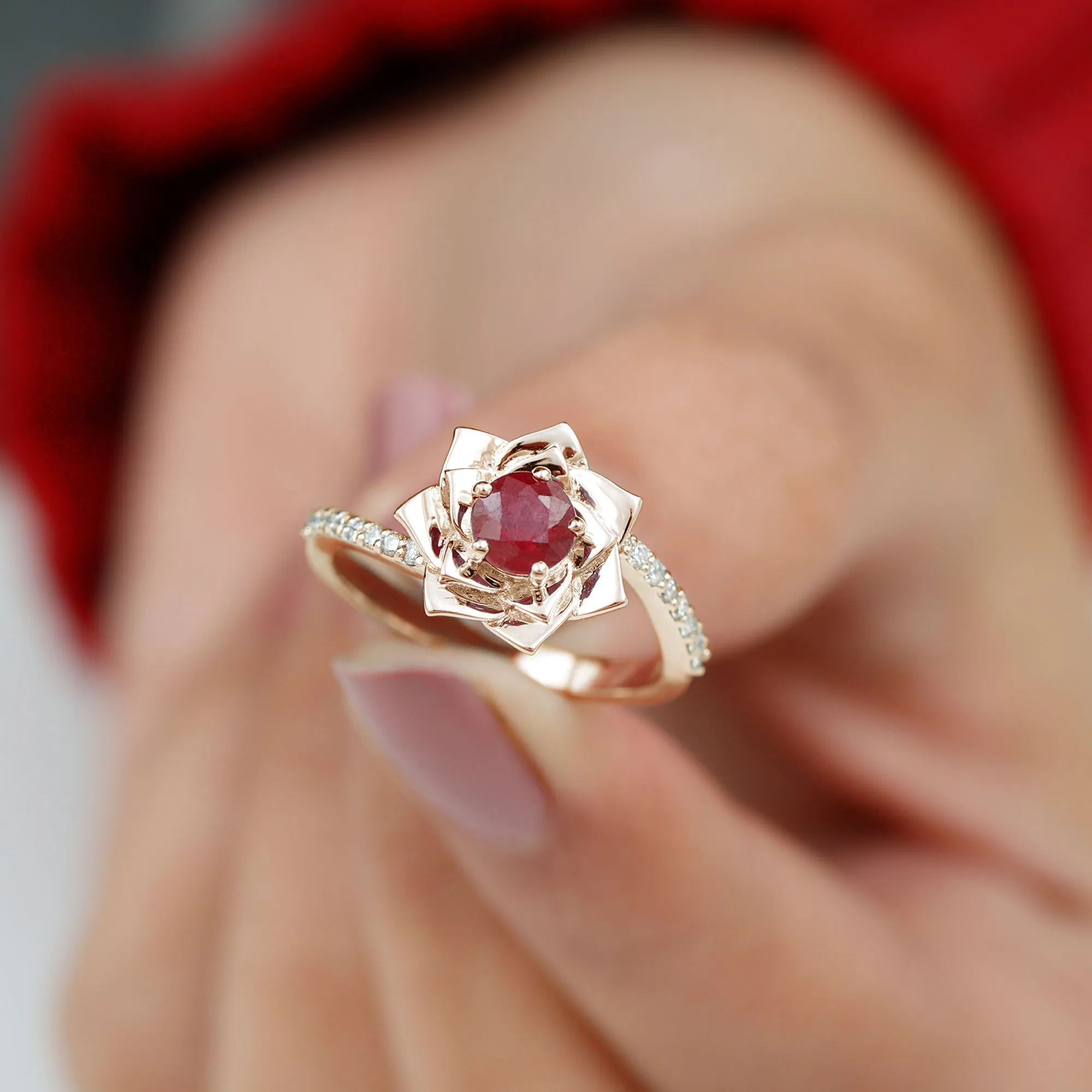 Round Ruby and Diamond Floral Engagement Ring with Bypass Shank