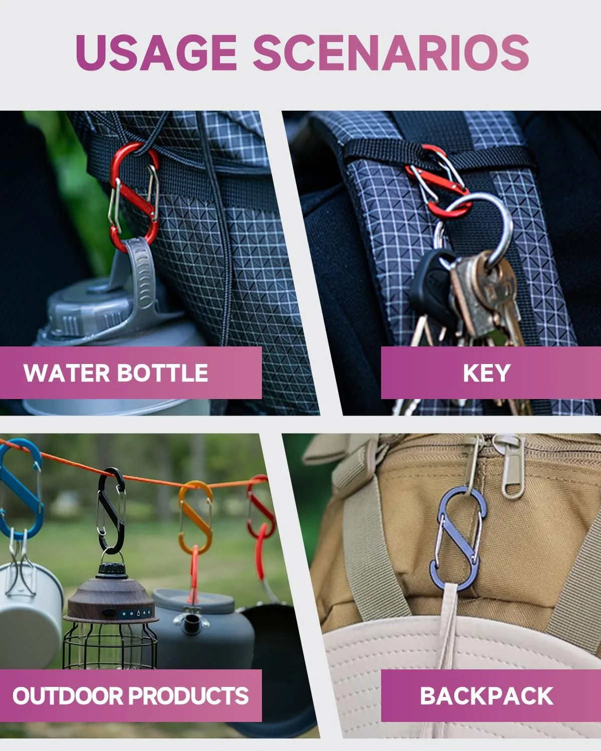 S Carabiner Clips,2.6In Aluminum S Hook Double Snap Clasps Bottle Clip Paracord Keychain Hooks Backpack Hanger Camping Accessories for Backpacking,Fishing,Camping,Hiking,Picnic 10pcs