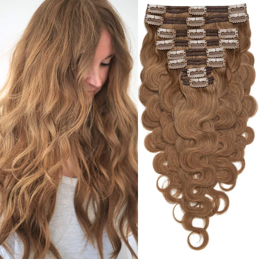 S-noilite Wavy Clip in Hair Extensions Real Human Hair Curly Wavy Clip in Human Hair Double Weft Natural Wave Human Hair Clip in Extensions 8 Pieces 18 Clips 100% Remy Hair(20 Inch - 150g,Light Brown
