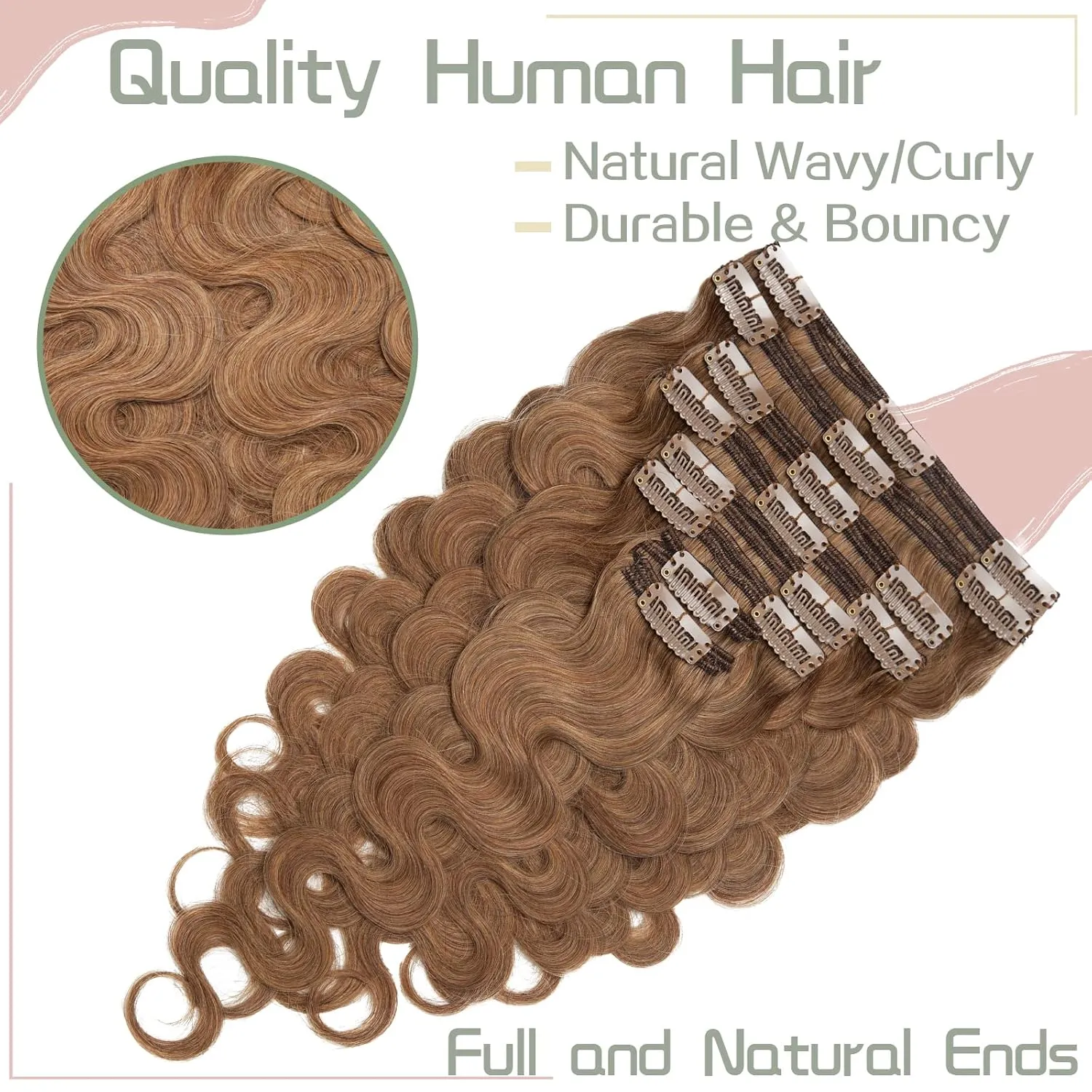 S-noilite Wavy Clip in Hair Extensions Real Human Hair Curly Wavy Clip in Human Hair Double Weft Natural Wave Human Hair Clip in Extensions 8 Pieces 18 Clips 100% Remy Hair(20 Inch - 150g,Light Brown