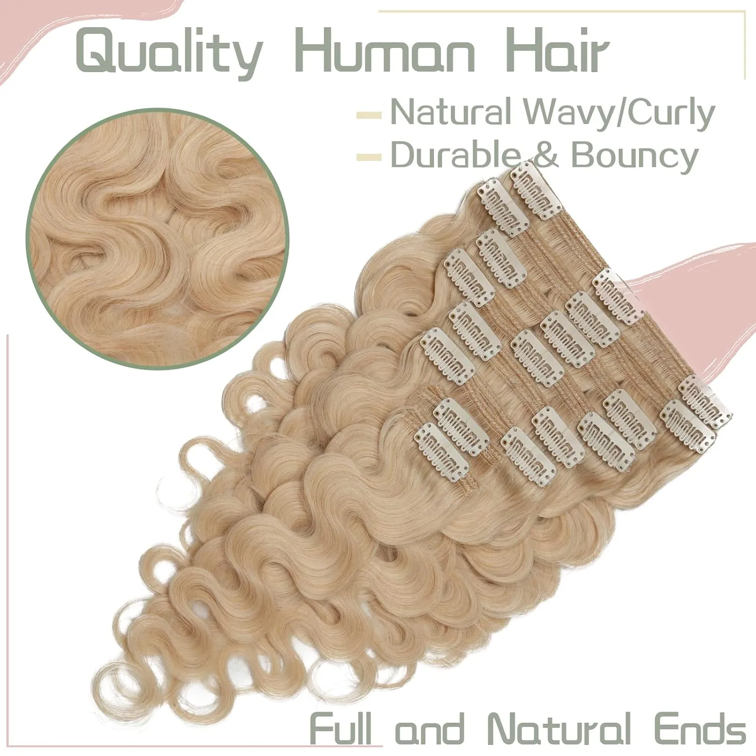 S-noilite Wavy Clip-in Hair Extensions - Real Human Remy Hair, Double Weft, 8 Pieces, 18 Clips, Curly Wavy Style, Natural Wave, 20 Inch - 150g, Bleach Blonde (#613)