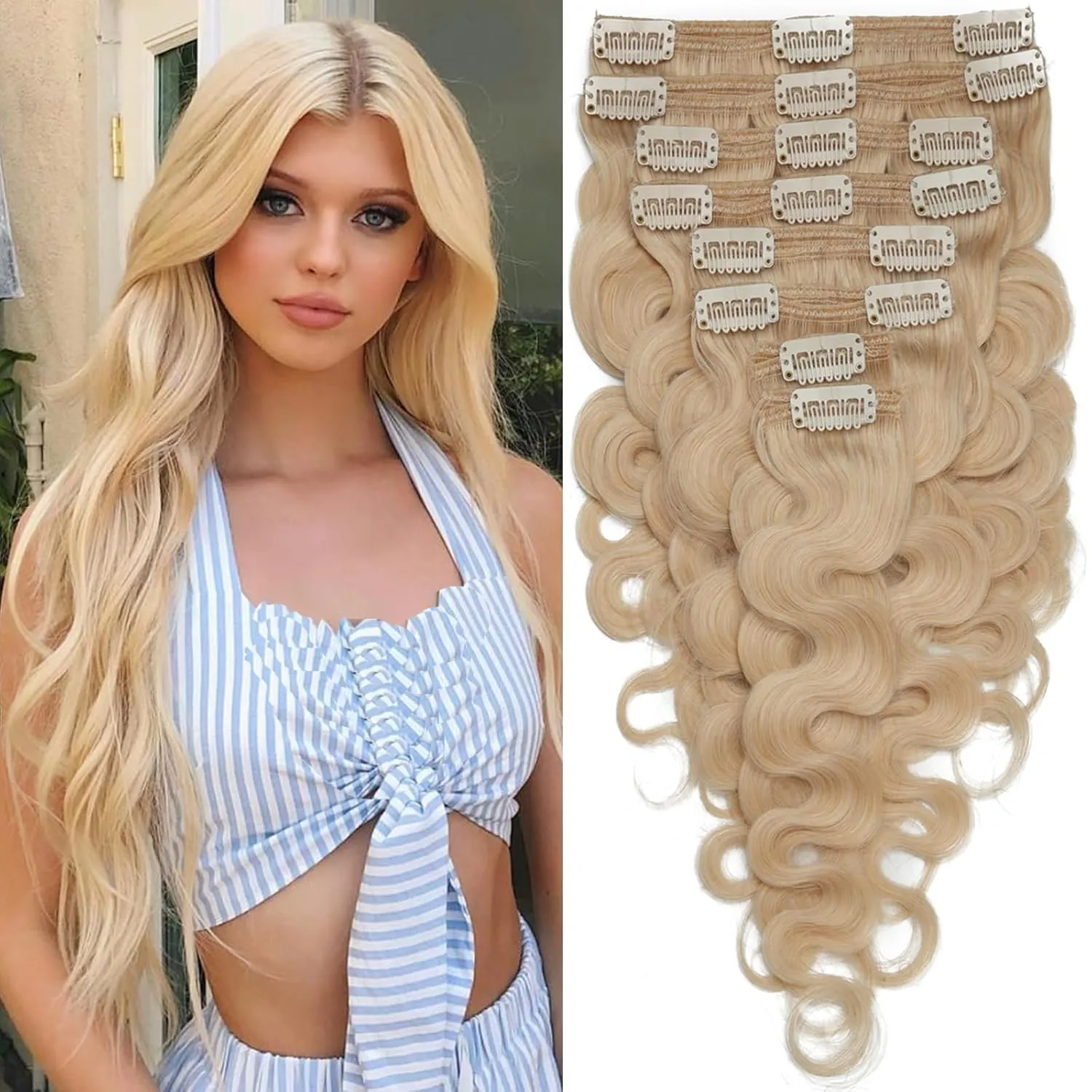 S-noilite Wavy Clip-in Hair Extensions - Real Human Remy Hair, Double Weft, 8 Pieces, 18 Clips, Curly Wavy Style, Natural Wave, 20 Inch - 150g, Bleach Blonde (#613)