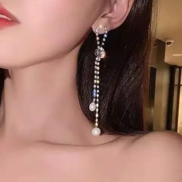 Shimmering Silver Ribbon Tassel Pearl Earrings