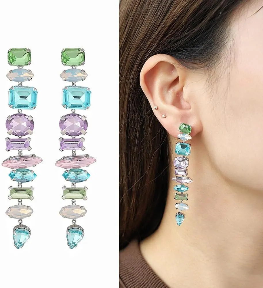 Statement Gemstone Earrings Multicolor Crystal Earrings for Women Brides Drop Earrings Wedding Earrings Colorful Sparkly Rhinestone Dangle Long Earrings for Party Prom