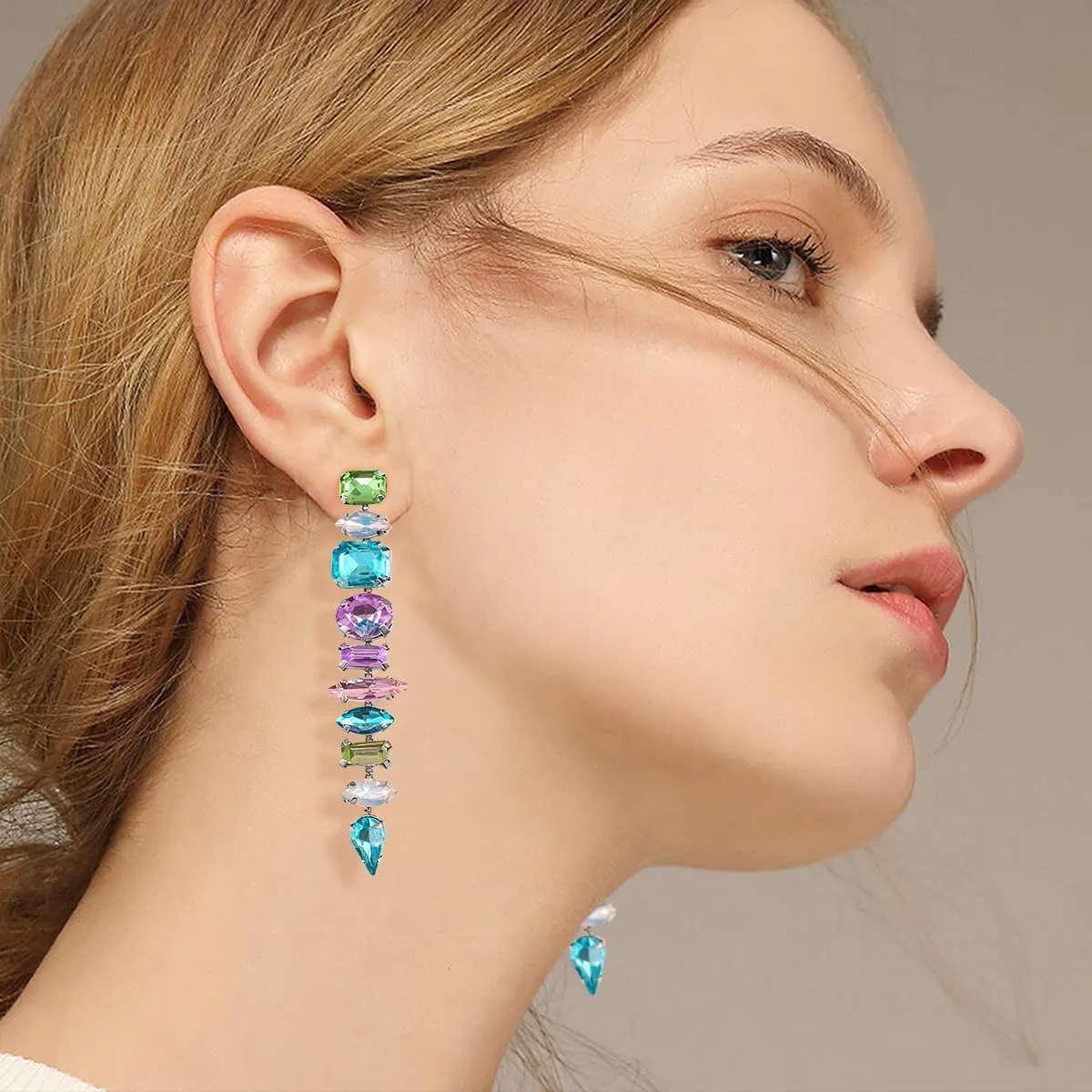 Statement Gemstone Earrings Multicolor Crystal Earrings for Women Brides Drop Earrings Wedding Earrings Colorful Sparkly Rhinestone Dangle Long Earrings for Party Prom