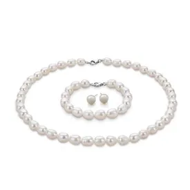 Women's White Pearl Set, 8mm Rice Shape Freshwater Pearl Necklace Bracelet & Earrings