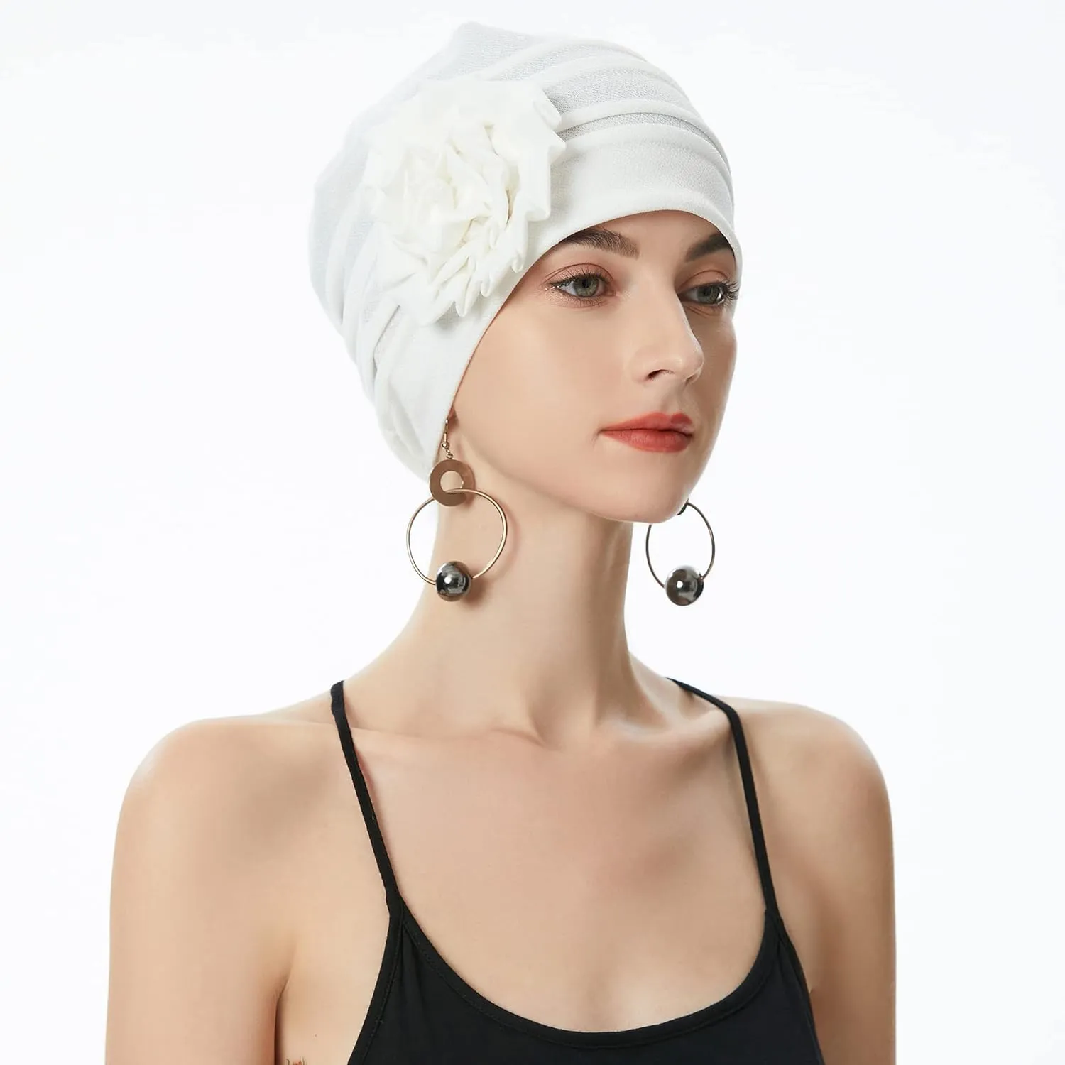 ZLYC Women Turban Beanie Hat with Flower Chemo Headwear Elastic Head Wrap Cap